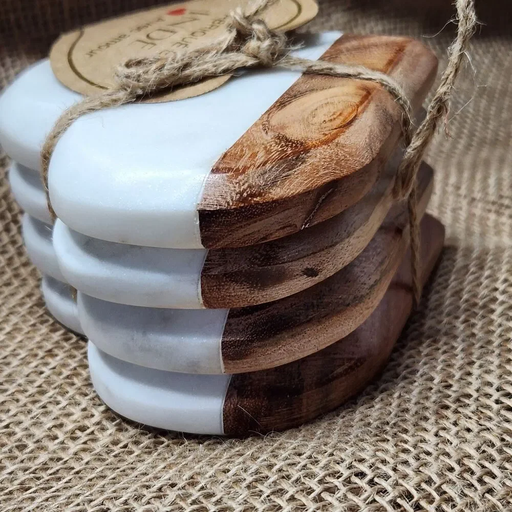 Coasters Handmade Heart Marble and Wood India Boho Farmhouse Rustic Decor 4 NWT